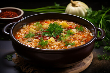 Hearty Homemade Cabbage Soup in a Bowl on Concrete Background for Fall Menu