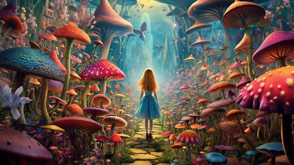 a beautiful girl in the surreal world of wonders. Giant mushrooms and vibrant colors - obrazy, fototapety, plakaty