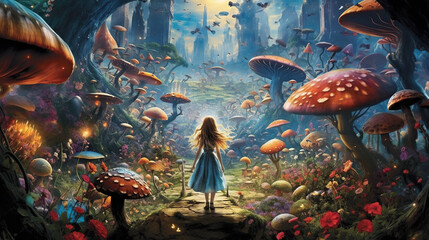 Fototapeta na wymiar a beautiful girl in the surreal world of wonders. Giant mushrooms and vibrant colors