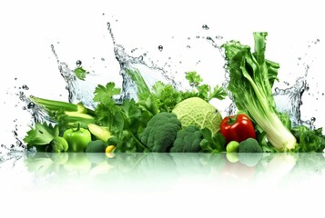 fresh green vegetables with water splashes isolated on white background. generative ai