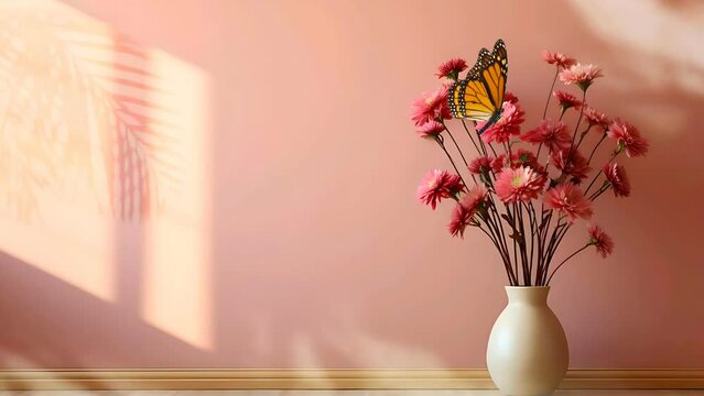 interior room with pink wall and wood floor. morning scene. pink flower with butterflies. seamless loop 4k animation footage