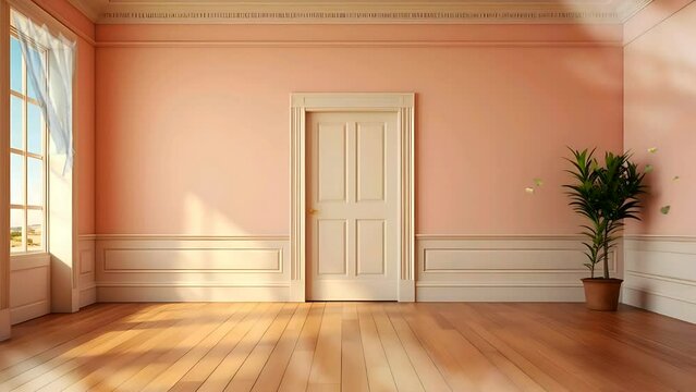 interior room with pink wall, white door and wood floor. morning scene. green plant with butterflies. seamless 4k looping animation footage
