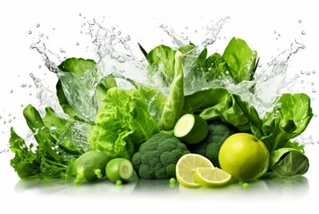 fresh green vegetables with water splashes isolated on white background. generative ai - obrazy, fototapety, plakaty
