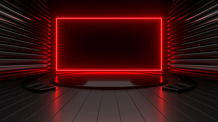 Empty stage, podium, place for product. Colored neon lights. 3d rendering image.