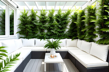 A white outdoor terrace with comfortable seating and greenery.Generative AI