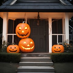 Haunted house with a sinister jack-o-lantern on the porch