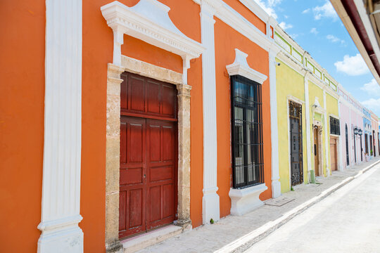 Campeche, Mexico. Beautiful and colorful colonial facades in downtown San Francisco de Campeche.