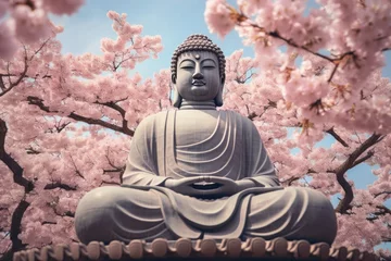 Zelfklevend Fotobehang cherry blossoms in japan tourist attraction japan's buddha statue Generative AI © sean