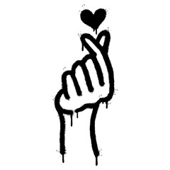 Spray Painted Graffiti Korean heart sign Sprayed isolated with a white background. graffiti Finger love symbol with over spray in black over white.