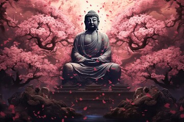 cherry blossom tree with buddha standing under it Generative AI - obrazy, fototapety, plakaty
