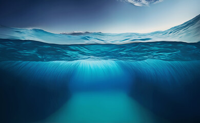 Under deep water ocean view with sunlit effect.