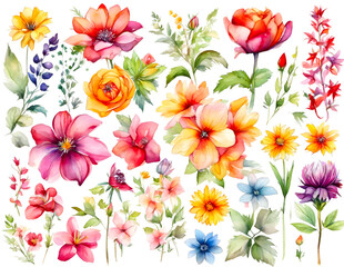 set of colorful flower vibrant watercolor on transparent background