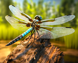 Blue Dragonfly on Tree Stump A CloseUp of Natures Agility Spotted Dragonfly on Brown Wood AI Generative