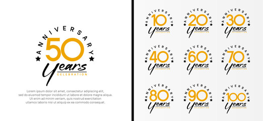 set of anniversary logo flat orange color number and black text on white background for celebration