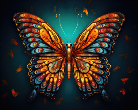 Colorful Butterfly with Gold Accents and Abstract Patterns on Blue Gradient Background AI Generative