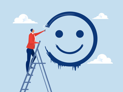 Positive Thinking Concept,happy Businessman  Climb Up  Stairs  Ladder To Painting Ing Smile Face On Wall With Roller Vector Illustration.