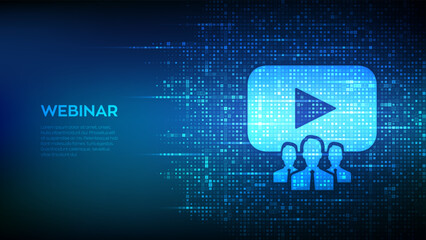 Webinar. Internet conference icon made with binary code. Web based seminar. Distance Learning. E-learning. Business Training. Digital binary data streaming digital code background. Vector illustration