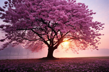 A large tree with pink flowers in full bloom, the sun rising behind it, dreamy, peaceful