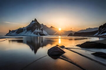 A lake surrounded by snow covered mountains under a clear sky, sunraising