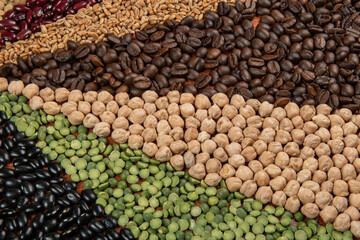 Healthy food vegetarian vegan food concept. Various assorted organic cereals, vegetables, whole grains
