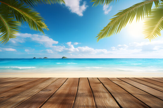 Summer tropical sea beach with waves, palm leaves and blue sky with clouds. Vacation landscape with empty wooden table for display of presentation product,  AI generate