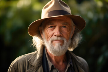 Naklejka na ściany i meble Man wearing a hat and a jacket in a jungle. The hat is a beige color with a wide brim and a black band around it, long hair, gray beard