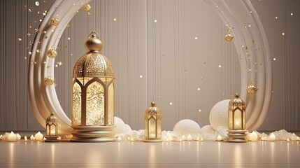 Fototapeta na wymiar Ramadan decoration banner illustration template with Arabic lantern background. copy space.