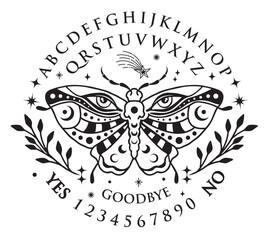 Graphic template inspired by Ouija Board. Death's-head hawkmoth with leaf surrounded by moon and stars texts and alphabet. Gothic typography. Ghosts and demons are calling the game.