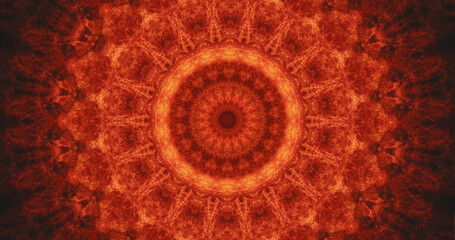 Kaleidoscope background. Fire mandala. Shiny glitter red orange color glowing round symmetrical...
