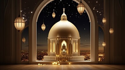 Fototapeta premium Ramadan decoration banner illustration template with Arabic lantern background. copy space.