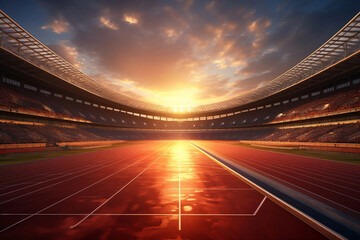 Fototapeta na wymiar Running track stadium evening arena with crowd fans, AI generate