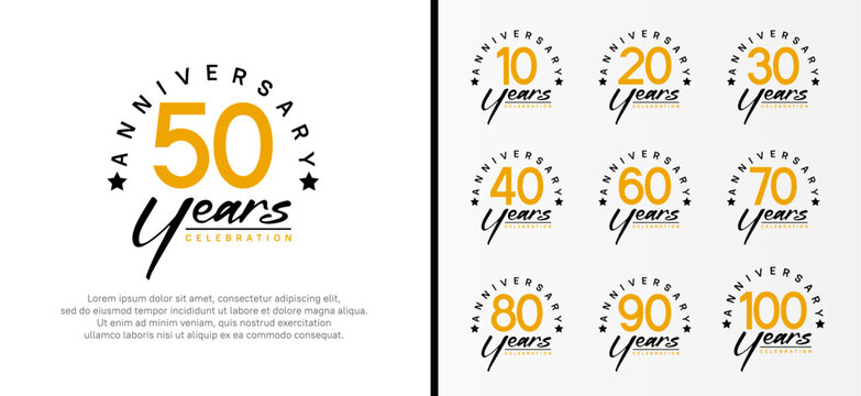 set of anniversary logo flat orange color number and black text on white background for celebration