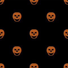Seamless polka dot pattern with human skulls. Halloween symbol. Orange silhouettes on black background.