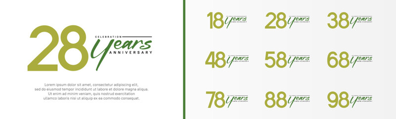 set of anniversary logo green color number and dark green text on white background for celebration