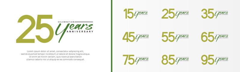set of anniversary logo green color number and dark green text on white background for celebration