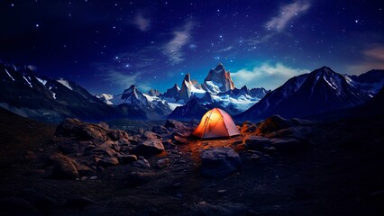 Stunning night photography of Fitz Roy's Mount under starry night with illuminated tent