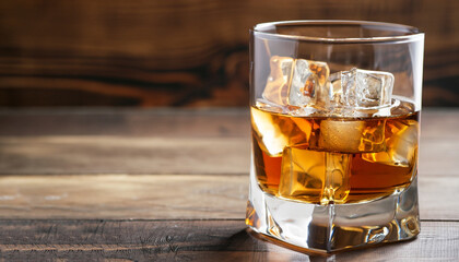 Glass of whiskey with ice on wooden table. Copy space for text.