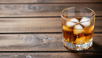 Glass of whiskey with ice on wooden table. Copy space for text.