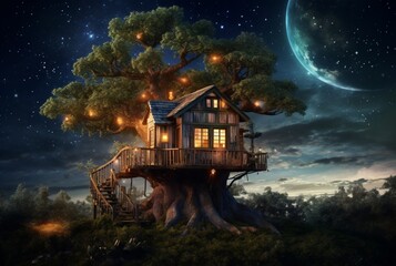 Tree house with a beautiful view of the sky at night. generative ai