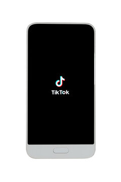 Template Of An Isolated Smartphone With The Tik Tok Home Screen. Viral Video Platform. Studio Photo. Social Media Concept.
