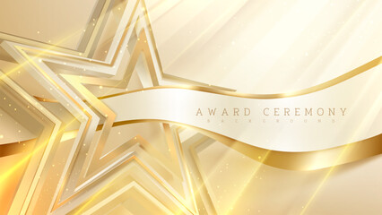 3d golden star shape element with ribbon and glitter light effect decoration. Luxury award ceremony concept.