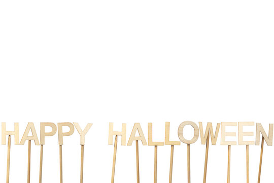Text: Happy Halloween. Wooden letters isolated on white background, image with copy space. World holidays concept.