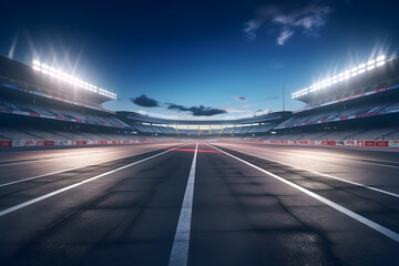 Fototapeta na wymiar asphalt racing track and illuminated race sport at stadium evening arena and spotlight, AI generate
