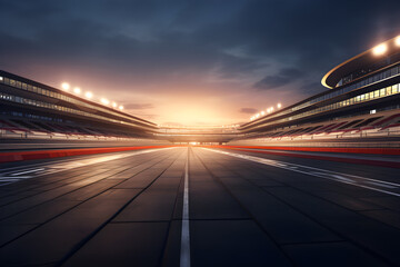 asphalt racing track and illuminated race sport at stadium evening arena and spotlight, AI generate - obrazy, fototapety, plakaty