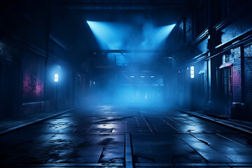 dark empty street dark blue background, scene city with lights, lights shining from above, in the style of smokey background, highly staged scenes, red and azure, AI generate