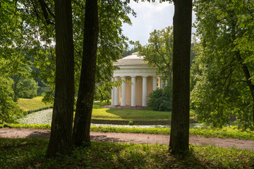 View of the Temple of Friendship on the bank of the Slavyanka River in the Pavlovsky Park on a...