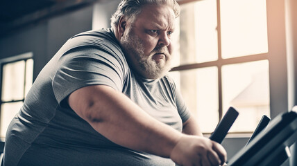 Fototapeta na wymiar 肥満・太った男性がスポーツジムでダイエット・トレーニング（Generative AI） 