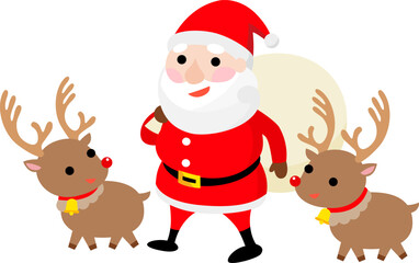 プレゼントの袋を持っているサンタクロースとトナカイ