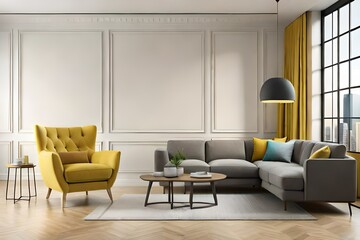 Fototapeta premium Living room interior wall mock up with yellow armchair on empty cream color wall background. 3d rendering. Template