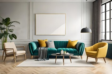 Living room interior wall mock up with yellow armchair on empty cream color wall background. 3d rendering